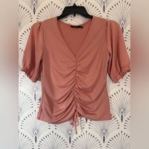 Chic Pink Puff Sleeve Ruched Blouse